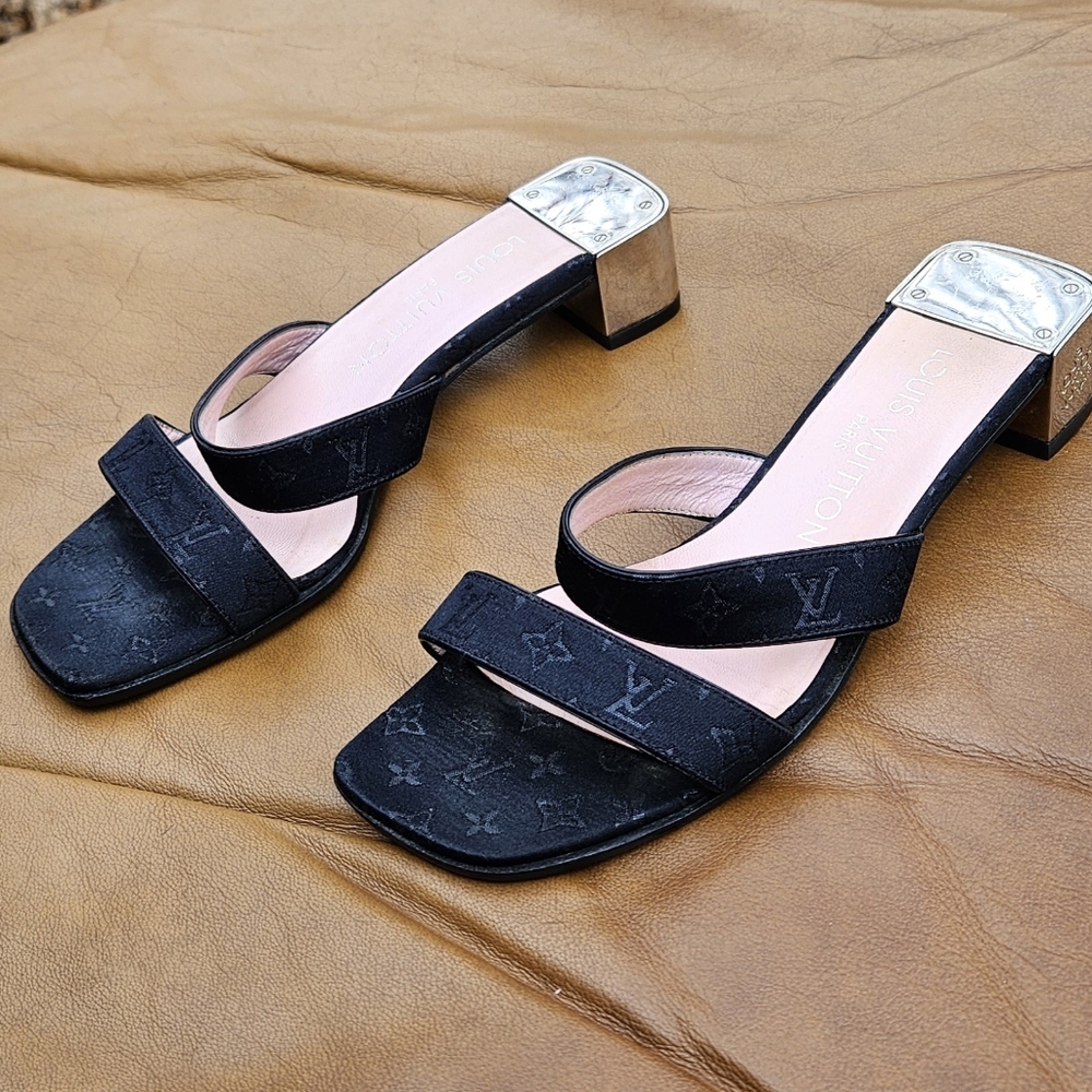 Women's Louis Vuitton Black Blended Fabric Leather Sandals Heels Size 4 US - Picture 5 of 16